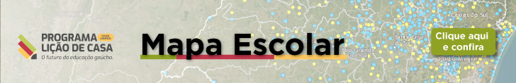 Banner com fundo esmaecido de mapa do RS com pontos marcando cidades. Sobre a imagem o texto "Mapa Escolar" centralizado, com sublinhado em verde, vermelho e amarelo. À direita, um botão verde com o texto "clique aqui. À esquerda, logo do Lição de Casa.