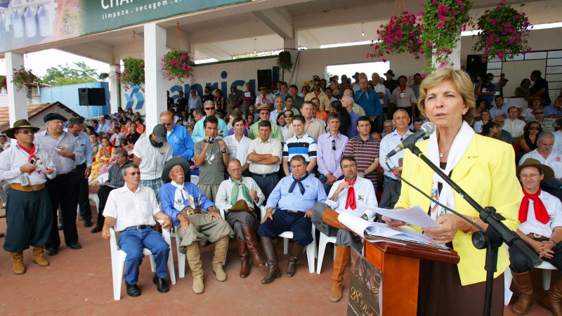 Governadora Yeda Crusius durante seu discurso na abertura Oficial da 28ª Edição do Rodeio Crioulo Internacional de Vacaria, no Parque Nicanor Kramer da Luz.