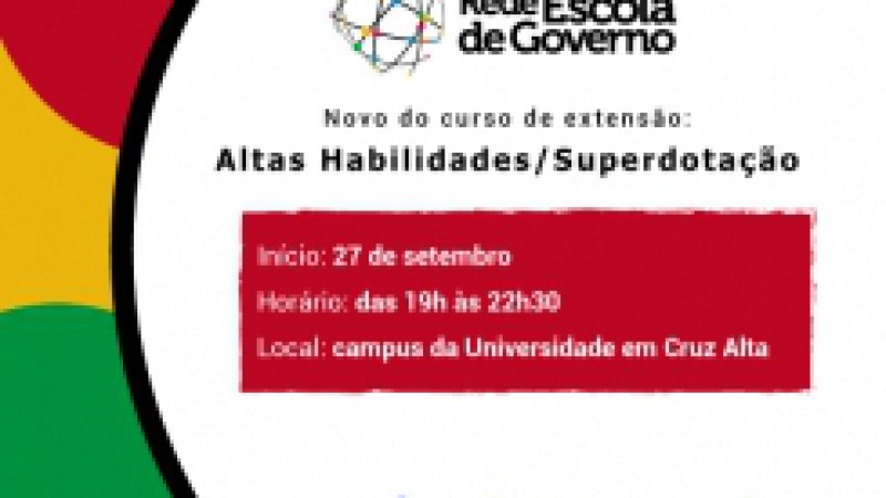 A Rede Escola de Governo, da Funda&ccedil;&atilde;o para o Desenvolvimento de Recursos Humanos (FDRH), iniciar&aacute; nesta sexta-feira (27) o curso Altas Habilidades/Superdota&ccedil;&atilde;o. As aulas ocorrer&atilde;o &agrave;s sextas-feiras, das 19h &agrave;s 22h30, e s&aacute;bados, das 8h &agrave;s 11h30, e das