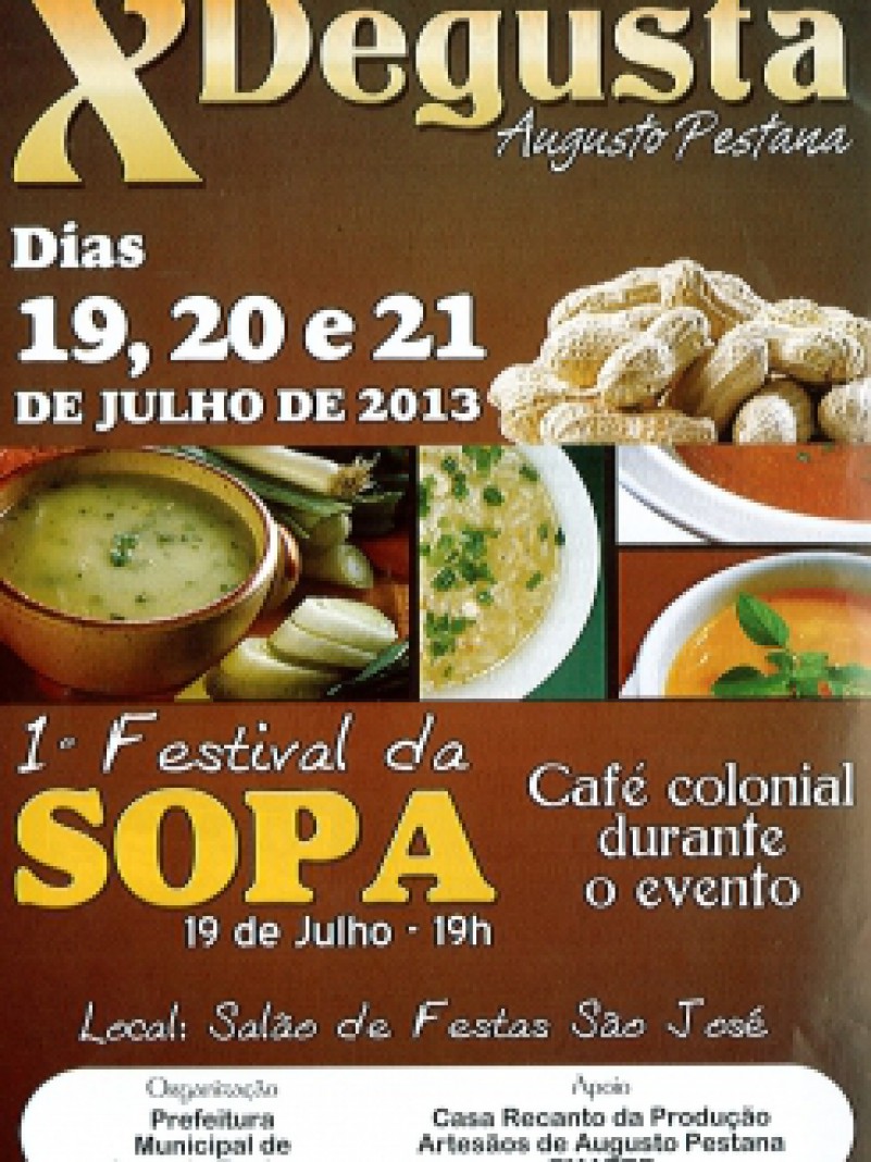 A 10ª edição do Degusta, em Augusto Pestana, no noroeste do Estado, conta com uma novidade: o 1º Festival de Sopas. A programação do evento, que começa nesta sexta (19), se encerra no domingo (21), no Salão de Festas São José, no centro da cidade. Para