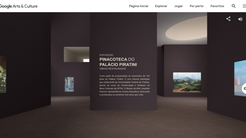 Reprodução da tela de entrada da ferramenta Pocket Gallery do Google Arts&Culture, na qual o Palácio Piratini foi uma das 55 instituições convidas em todo o mundo a expor obras. A tela mostra uma simulação de paredes com os mesmos quadros que estão expostos na exposição Pinacoteca do Palácio Piratini - Obras Restauradas, que está no saguão do Palácio.