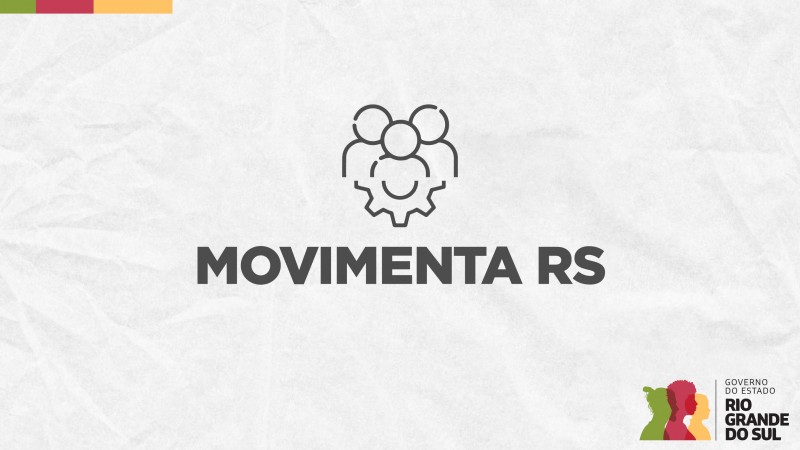 Card em fundo cinza, no qual estão escritas as palavras Movimenta RS ao centro, logo abaixo de um ícone com três bonecos juntos sobre uma engrenagem. No canto inferior direito está a logomarca utilizada pela gestão 2023-2026 do governo do Rio Grande do Sul.