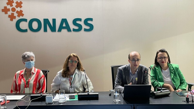 Quatro participantes da reunião, sentados à mesa. São três mulheres e um homem, que se encontra falando ao microfone.