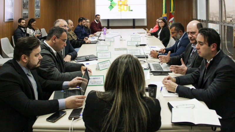 Pessoas sentadas dos dois lados de uma mesa comprida diante de uma tela em que está escrito Codesul. Na cabeceira oposta à tela está sentada uma mulher de costas.