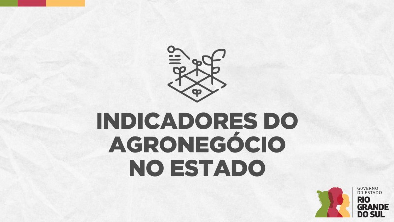 Card em fundo cinza, no qual está escrito Indicadores do Agronegócio no Estado ao centro, logo abaixo de um ícone que representa uma plantação com uma espécie de gráfico na parte esquerda superior. No canto inferior direito está a logomarca utilizada pela gestão 2023-2026 do governo do Rio Grande do Sul.