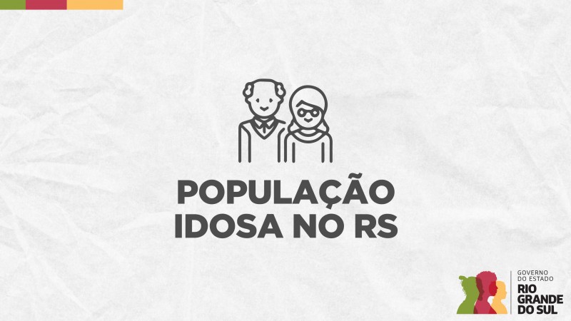 Card em fundo cinza, no qual está escrito População Idosa no RS ao centro, logo abaixo de um ícone que representa um homem e uma mulher com idades avançadas. No canto inferior direito está a logomarca utilizada pela gestão 2023-2026 do governo do Rio Grande do Sul.