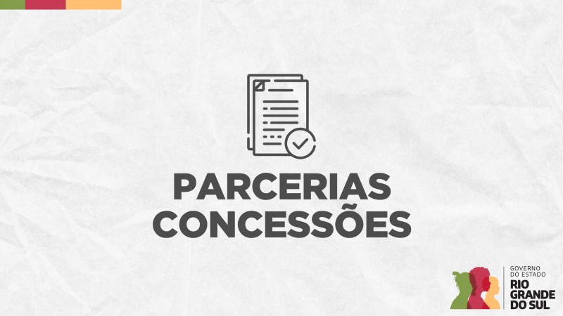 Card em fundo cinza, no qual está escrito Parcerias Concessões ao centro, logo abaixo de um ícone que representa uma folha de contrato com um sinal de visto dentro de um círculo na parte inferior direita. No canto inferior direito do Card está a logomarca utilizada pela gestão 2023-2026 do governo do Rio Grande do Sul.
