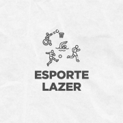 Card em fundo cinza, no qual está escrito Esporte Lazer ao centro, logo abaixo de quatro ícones que representam modalidades esportivas: atletismo, natação, basquete para cadeirantes e futebol. No canto inferior direito do Card está a logomarca utilizada pela gestão 2023-2026 do governo do Rio Grande do Sul.