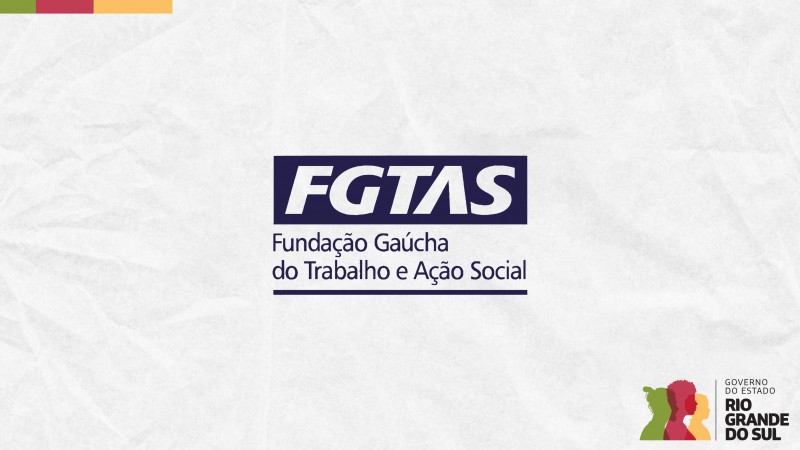 Card em fundo cinza com a logomarca colorida da Fundação Gaúcha do Trabalho e Ação Social ao centro. No canto inferior direito do Card está a logomarca utilizada pela gestão 2023-2026 do governo do Rio Grande do Sul.