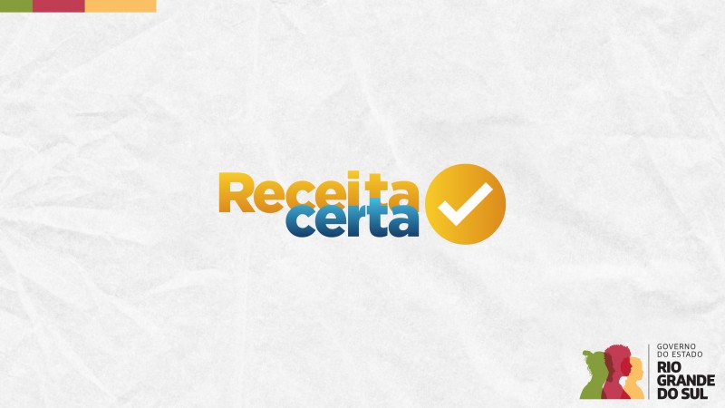 Card em fundo cinza com a logomarca colorida do programa Receita Certa ao centro. No canto inferior direito do Card está a logomarca utilizada pela gestão 2023-2026 do governo do Rio Grande do Sul.