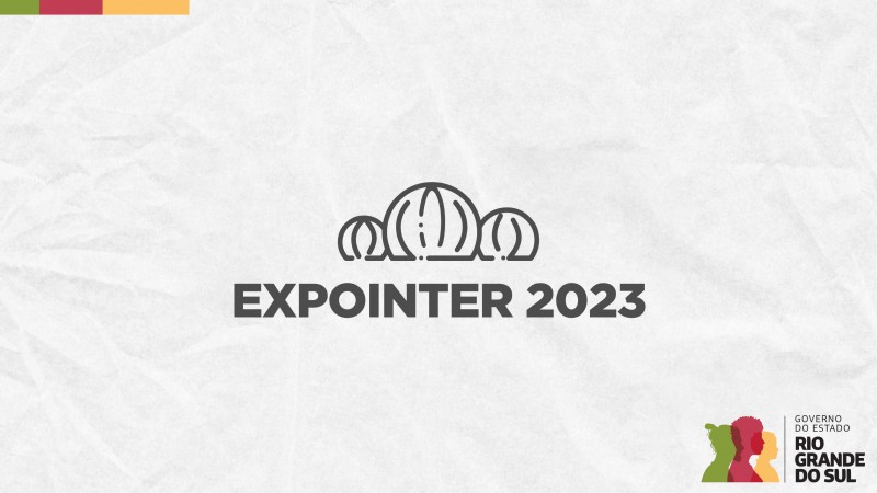 Card em fundo cinza, no qual está escrito Expointer 2023 ao centro, logo abaixo da logomarca da feira, formada por três esferas estilizadas, sendo uma maior ao centro e duas menores nas laterais. No canto inferior direito do Card está a logomarca utilizada pela gestão 2023-2026 do governo do Rio Grande do Sul.