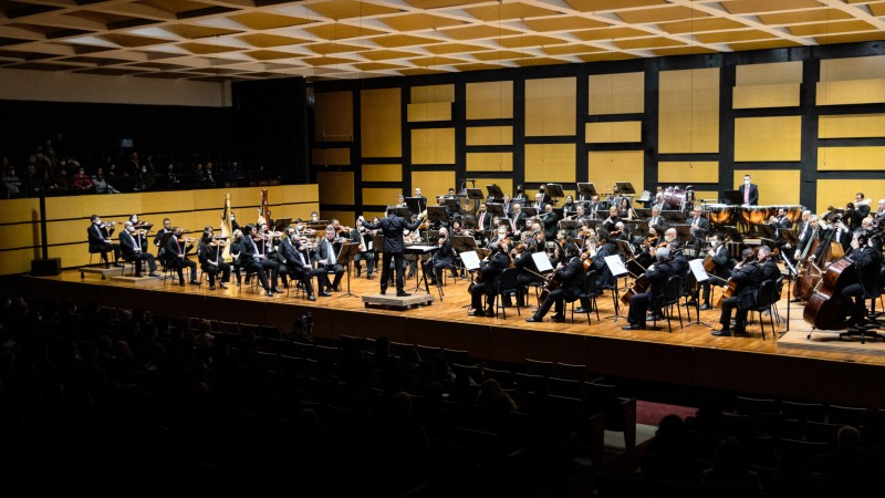Na sala de concertos, na parte inferior da imagem está o público, no escuro. Acima, está a orquestra completa, iluminada.