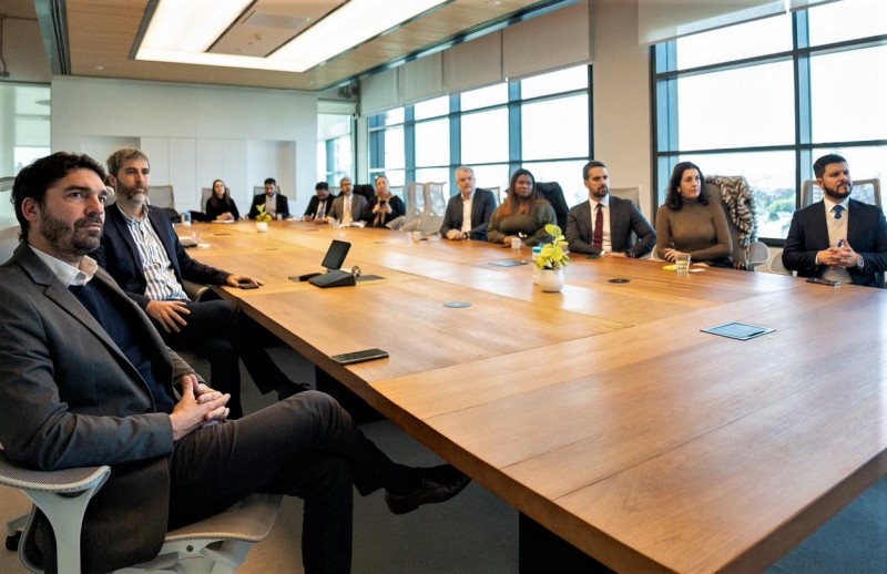 Leite e diversas pessoas sentadas em torno de uma grande mesa em um momento em que acompanhavam uma apresentação.
