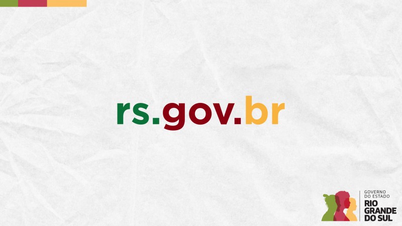 Card em fundo cinza com a logomarca colorida do rs.gov.br ao centro. No canto inferior direito do Card está a logomarca utilizada pela gestão 2023-2026 do governo do Rio Grande do Sul.