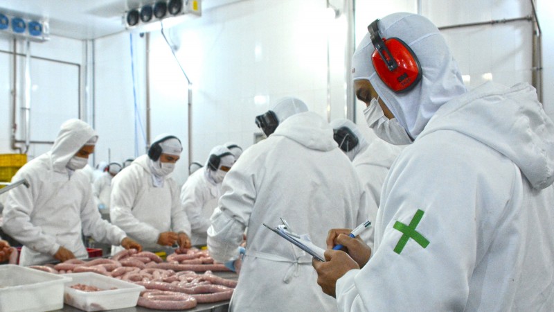 Imagem no interior de um frigorífico, com um fiscal em primeiro plano fazendo anotações da inspeção. Ao fundo, funcionários com vestes brancas estão trabalhando na fabricação de linguiças.