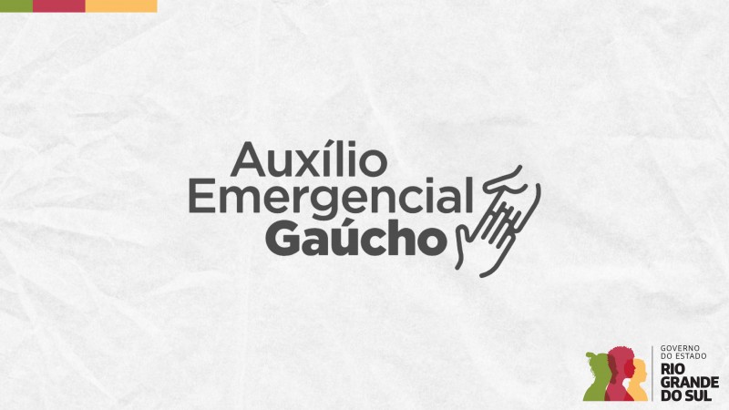 Em fundo cinza claro, com textura, está escrito no meio, em letras escuras: Auxílio Emergencial Gaúcho. Do lado direito do texto, há um ícone composto por duas mãos que se encontram na posição diagonal. No canto direito inferior do card, está a marca do governo do Estado.