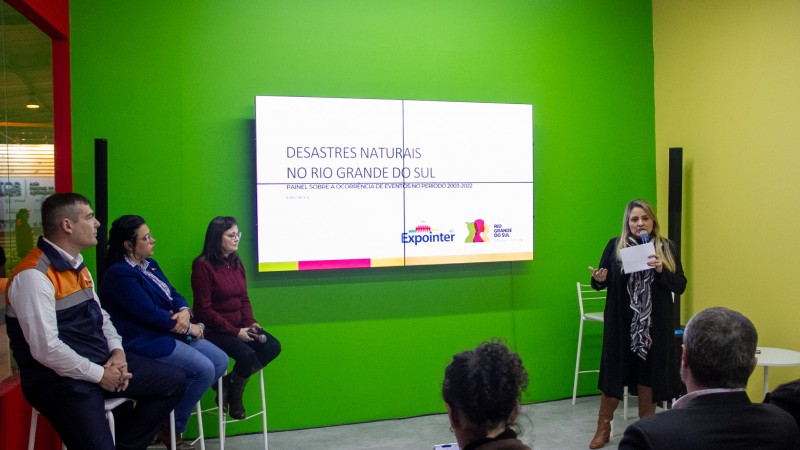 Numa sala fechada, com uma parede verde, pessoas assistem à apresentação da secretária. Ao lado esquerdo, há três pessoas sentadas compondo o seminário. Danielle está de pé, à direita. Ela fala ao microfone. Ao fundo, há um telão com uma apresentação de slide em que está escrito "Desastres naturais no Rio Grande do Sul"