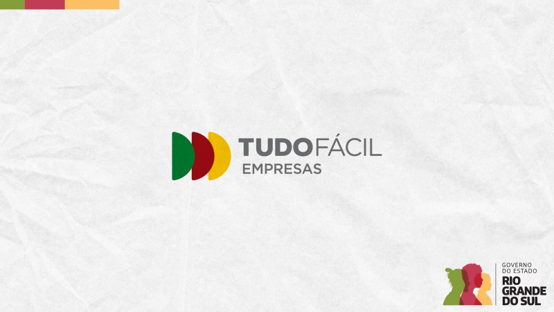 Card em fundo cinza com a logomarca colorida do Tudo Fácil Empresas, formado por três semicírculos verticais nas cores do Rio Grande do Sul, ao centro. No canto inferior direito do Card está a logomarca utilizada pela gestão 2023-2026 do governo do Rio Grande do Sul.