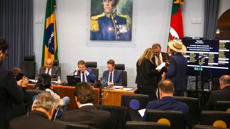 Imagem da Assembleia Legislativa durante a votação. Ao fundo a mesa com a presença de Beto Fantinel e, em primeiro plano, deputados sentados de costas.