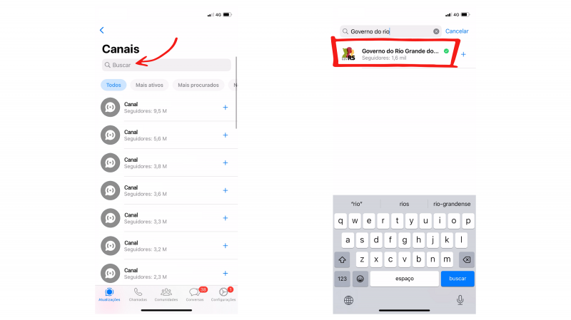 Duas telas copiadas do WhatsApp ensinando como começar a seguir o canal do Governo do Rio Grande do Sul.