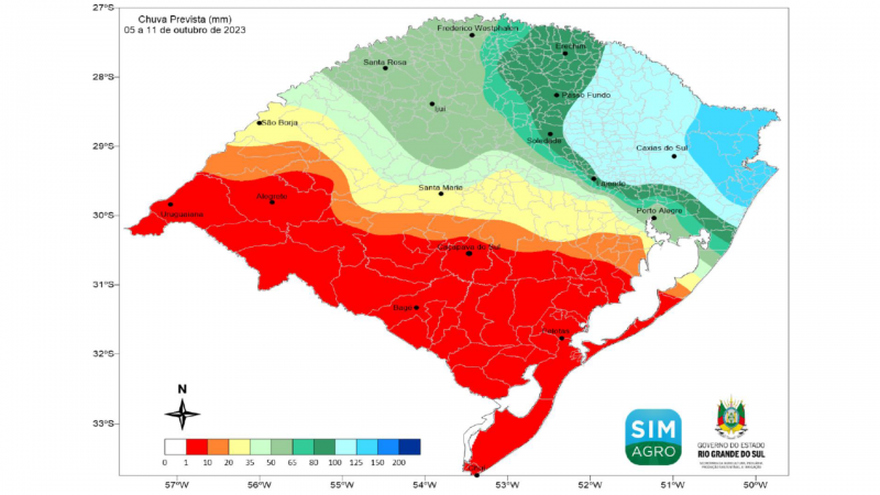 Mapa do Rio Grande do Sul indicando as áreas do Estado e as quantidades previstas de chuva para a semana. 