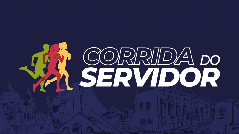 Card da corrida do servidor. Do lado esquerdo da imagem há três figuras nas cores do Rio Grande do sul em movimento de corrida. Ao lado está escrito Corrida do Servidor.
