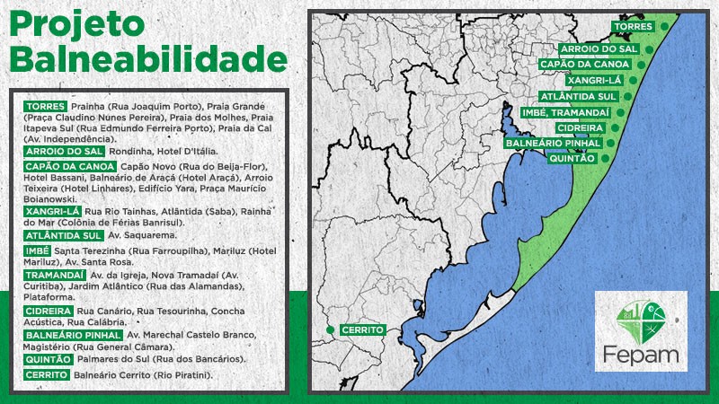 Pontos de coleta da Fepam no litoral para monitoramento do Projeto Balneabilidade 2023
