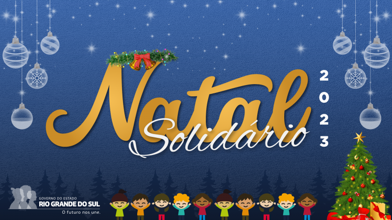 Card da campanha Natal Solidário 2023. Ilustrando o card há bonequinhos de crianças, árvore de natal e bolas de árvore de natal pendendo do alto, à esquerda e à direita.