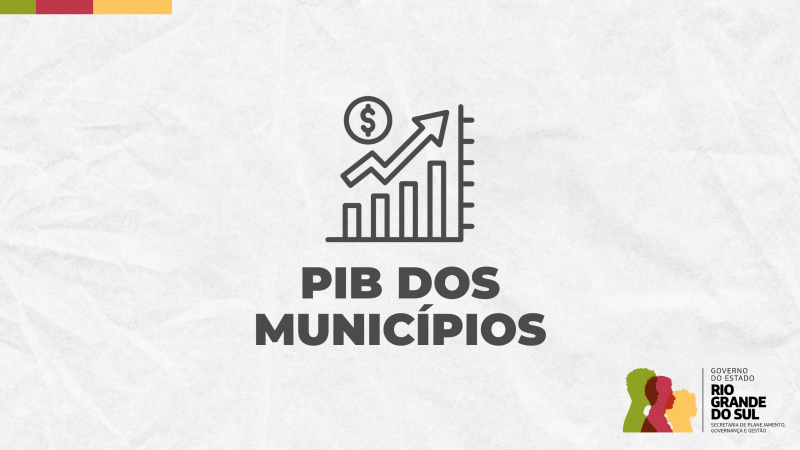 Contra um fundo off white, está escrito PIB dos municípios, com o ícone de um gráfico em ascensão acima. No canto inferior à direita está a logo do governo.