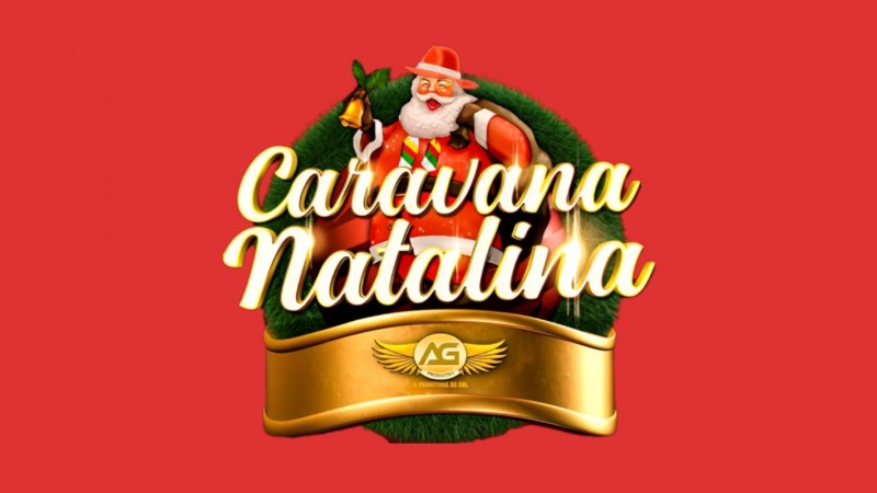 Carda da Caravana Natalina 2023, com um Papai Noel tocando um sino circundado por uma guirlanda.
