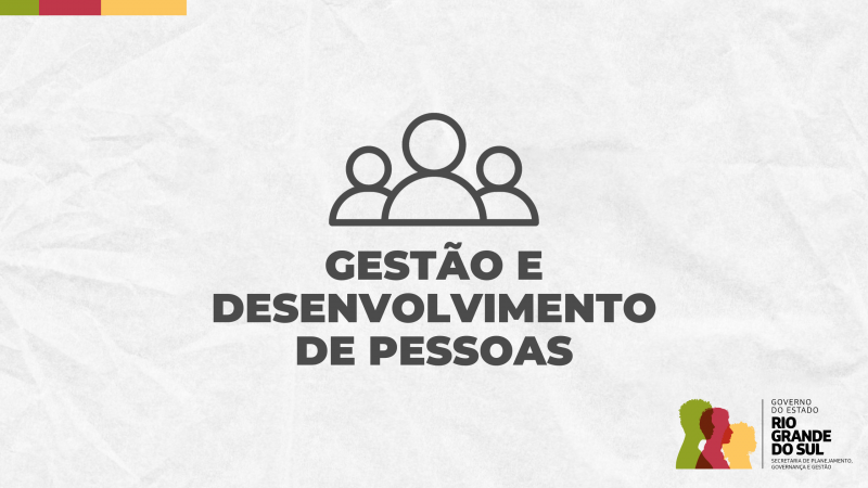 Card em fundo branco com os dizeres Gestão e Desenvolvimento de Pessoas. Acima do escrito, há um ícone com três bonequinhos representando pessoas. No canto direito, está a logo do governo.