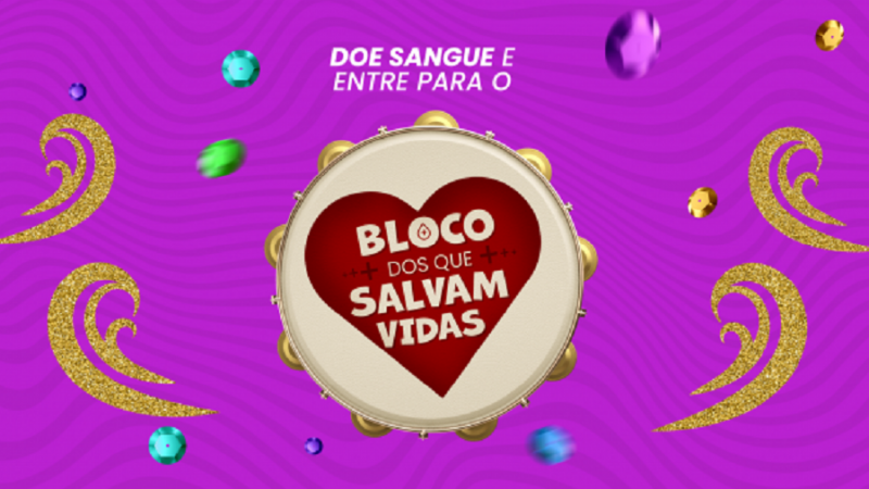 Card Bloco dos que Salvam Vidas 2024. Com fundo de motivos carnavalescos, estão escritas as palavras Doe e sangue e entre para o Bloco dos que Salvam Vidas. O nome do bloco está escrito dentro de um coração vermelho que, por sua vez, está dentro de um pandeiro.