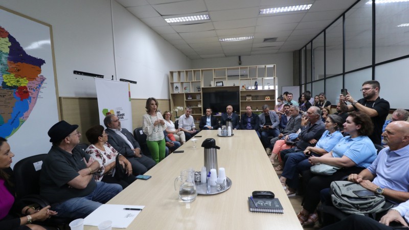 Em uma sala, muitas pessoas estão sentadas ao redor de uma grande mesa retangular durante a reunião. Ao meio, secretária Raquel está de pé para falar.