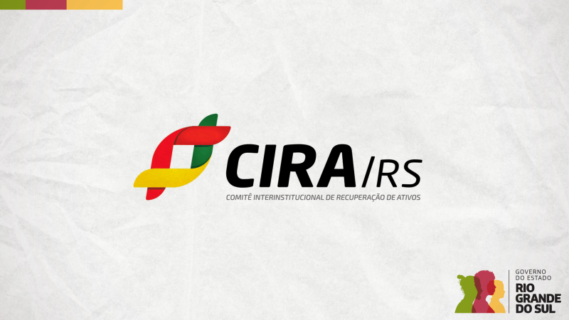Card em fundo cinza com a logomarca colorida do Cira RS - Comitê Interinstitucional de Recuperação de Ativos. No canto inferior direito do Card está a logomarca utilizada pela gestão 2023-2026 do governo do Rio Grande do Sul.