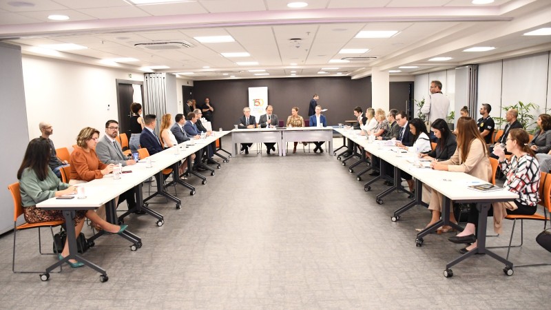 Plano geral da sala de uma sala de reuni&atilde;o, com mesa em formato U. H&aacute; cerca de 20 pessoas sentadas junto a ela. A sala apresenta piso cinza claro, paredes brancas e cinzas e teto branco e est&aacute; bem iluminada.