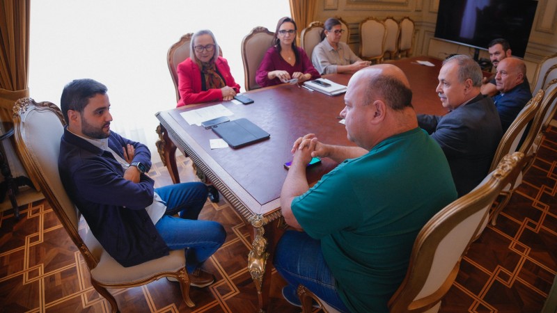 Foto da sala de reuniões. Ao redor de uma mesa retangular de madeira, estão 8 pessoas sentadas. Entre elas, Arita que aparece de frente, e Gabriel, de lado, sentado na cabeceira.