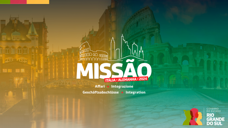 Card da Missão à Itália e à Alemanha. Fundo em amarelo e verde com imagens do Coliseu, em Roma, à direita, e dos canais de Frankfurt, na Alemanha, à esquerda. Ao centro, está escrito Missão Itália Alemanha 2024 e a palavra integração escrita em várias línguas. NO canto inferior direito a logomarca do governo do Estado na gestão 2023-2026.