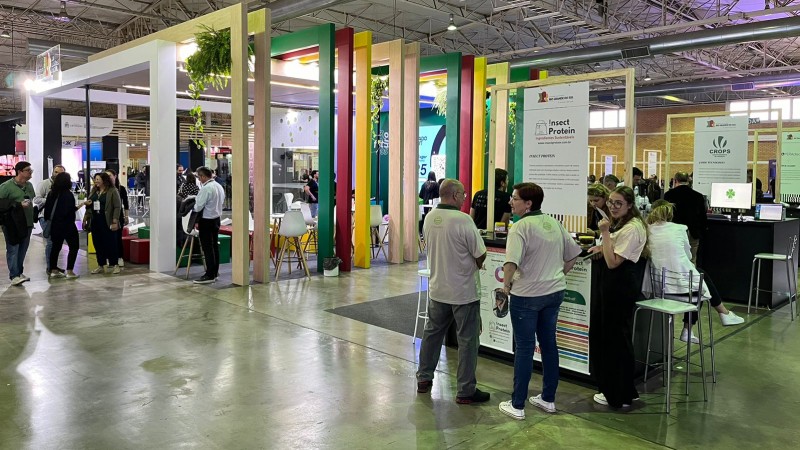 Foto geral do ambiente do evento, um grande galpão. Há pessoas de pé, banners e pilastras coloridas.