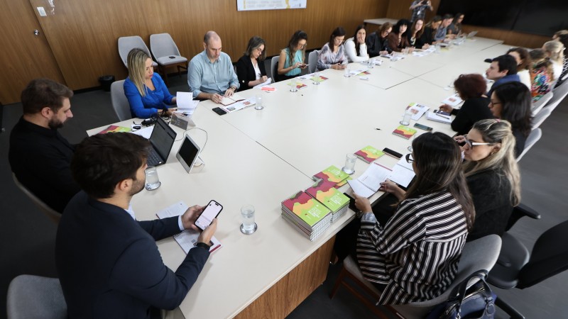 Foto geral de uma sala de reunião. Há uma grande mesa retangular de cor branca, com cerca de 30 pessoas sentadas junto a ela. Há muitos blocos de papel na mesa, além dos manuais, cuja capa é vermelha, verde e amarela.
