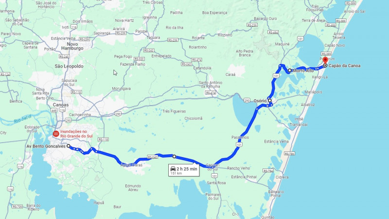 Mapa do trajeto das viagens especiais ao Litoral Norte 2024