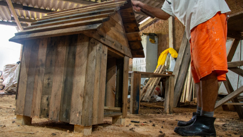 Foto enquadra casinha de madeira à esquerda, de lado. À direita, aparece um apenado da cintura pra baixo, de bermuda laranja e bota, martelando o telhado.