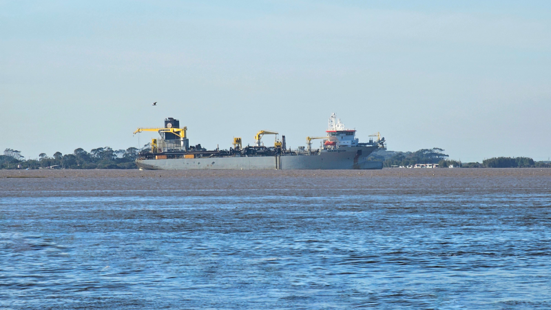 A imagem mostra uma grande draga flutuando em águas. A draga possui equipamentos de dragagem visíveis em seu convés. Ao fundo, há uma linha de árvores na margem oposta e o céu está claro e azul. Uma ave está voando perto da draga.