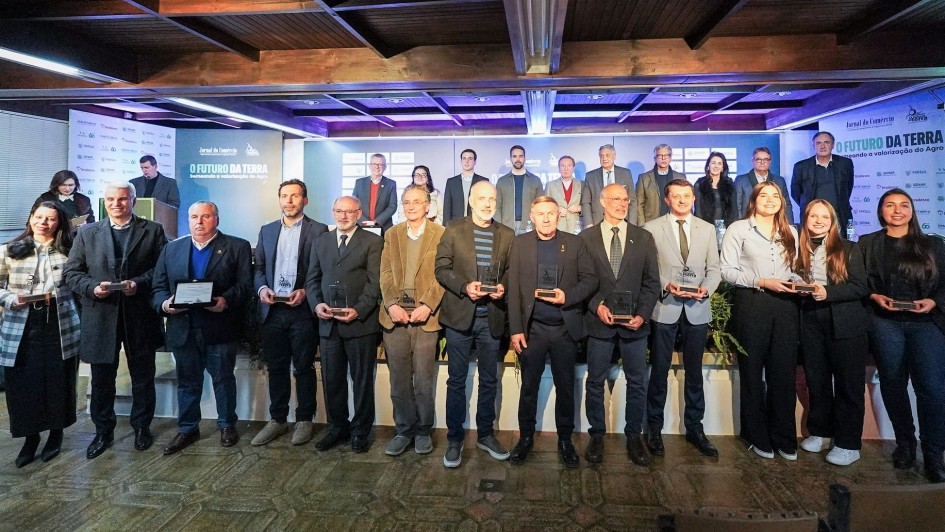 Foto posada com os premiados em pé à frente e as autoridades sobre o palco atrás.