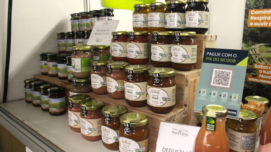 Fotos de potes de Biomassa de Banana Verde expostos e um estande