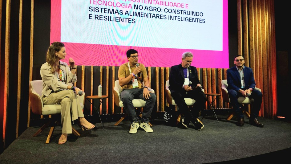 Foto do palco, com uma mulher e três homens sentados, um ao lado do outro e de frente pra plateia. Ao fundo, há uma tela com o nome do painel em fundo branco.