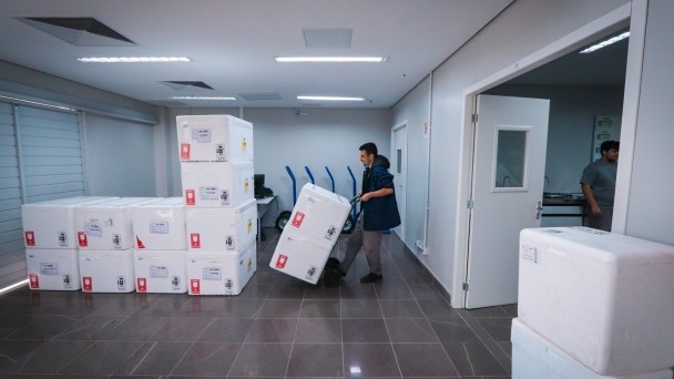Um homem transporta em um carrinho de mercadorias caixas de vacinas.