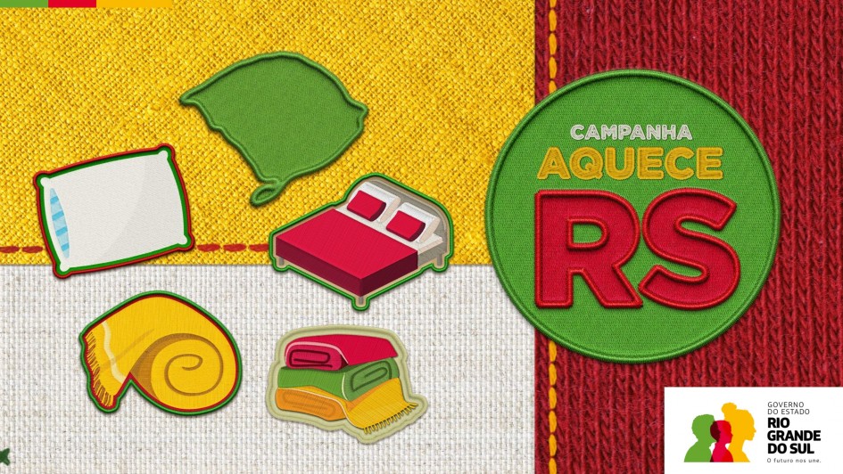 Card da campanha “Aquece RS” do Governo do Rio Grande do Sul, com fundo de tecido colorido e ilustrações de cama, travesseiro, cobertores e manta, simbolizando doações para o inverno.