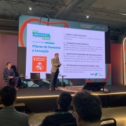 Imagem de duas pessoas em um palco durante painel do BRDE no Gramado Summit 2025. Uma delas está em pé e com o microfone na mão falando.