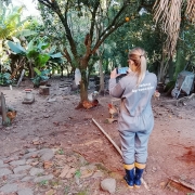 A imagem mostra uma mulher de costas, vestindo um macacão cinza com a inscrição "Defesa Agropecuária" nas costas, e botas de borracha azuis e amarelas. Ela está em uma área rural, possivelmente um galinheiro, com árvores frutíferas ao fundo. A mulher segura um celular na altura dos olhos, como se estivesse tirando uma foto ou gravando um vídeo. No chão de terra batida, algumas galinhas e galos ciscam livremente. Há também algumas construções rústicas e vegetação ao redor.