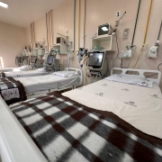 A imagem mostra um quarto hospitalar com vários leitos organizados em fila. Cada cama está equipada com lençóis brancos e cobertores xadrez em tons de marrom. Também há equipamentos médicos, como monitores, suportes de soro e outros dispositivos hospitalares.